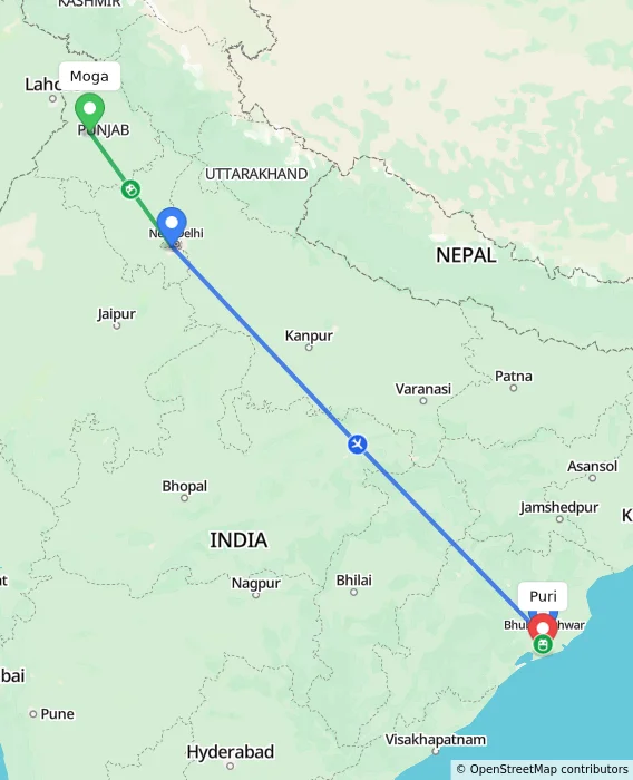 Route map showing distance and travel time from Moga, India to Puri, India