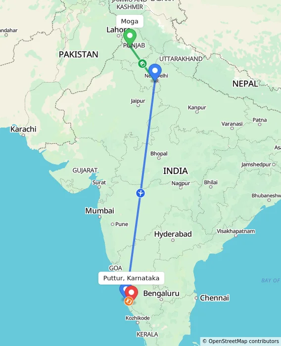 Route map showing distance and travel time from Moga, India to Puttur, Karnataka, India