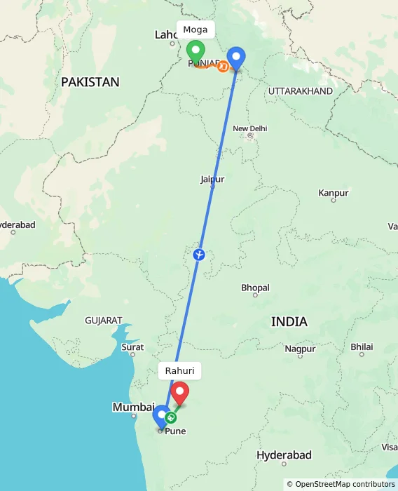 Route map showing distance and travel time from Moga, India to Rahuri, India