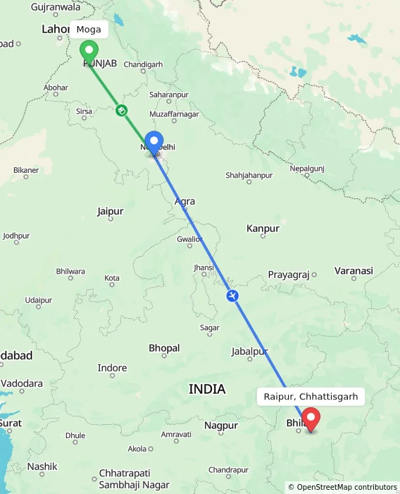 Route map showing distance and travel time from Moga, India to Raipur, Chhattisgarh, India