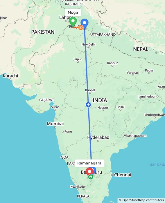 Route map showing distance and travel time from Moga, India to Ramanagara, India