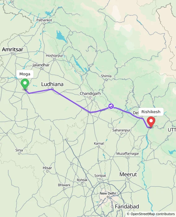 Route map showing distance and travel time from Moga, India to Rishikesh, India