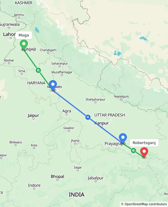 Route map showing distance and travel time from Moga, India to Robertsganj, India