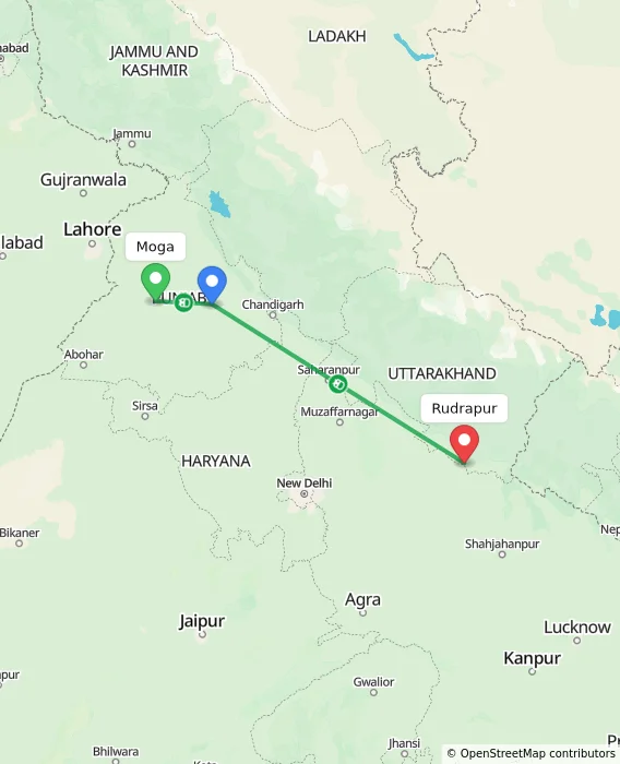 Route map showing distance and travel time from Moga, India to Rudrapur, India