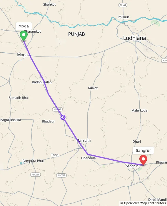 Route map showing distance and travel time from Moga, India to Sangrur, India