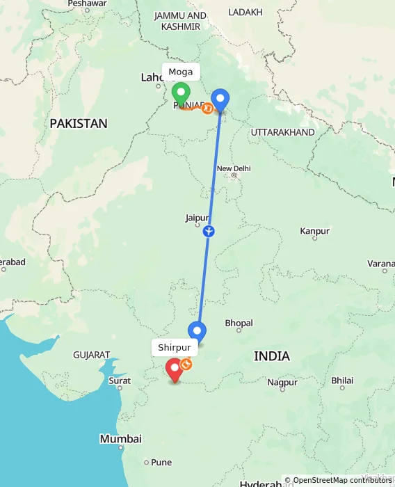 Route map showing distance and travel time from Moga, India to Shirpur, India