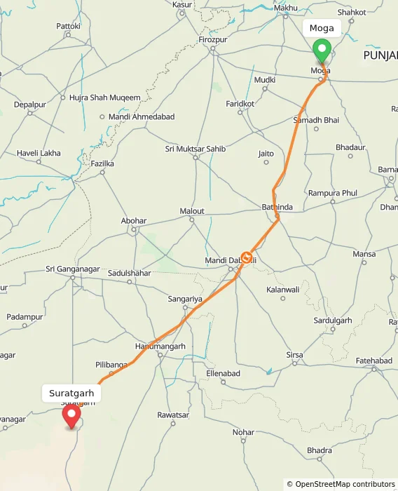 Route map showing distance and travel time from Moga, India to Suratgarh, India