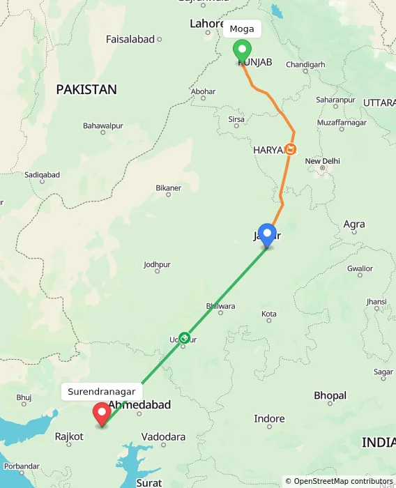 Route map showing distance and travel time from Moga, India to Surendranagar, India