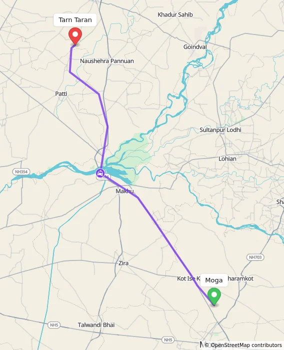 Route map showing distance and travel time from Moga, India to Tarn Taran, India