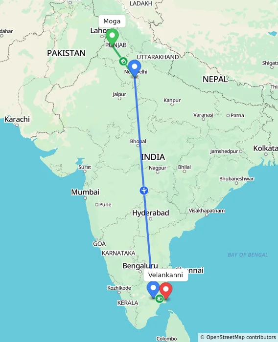 Route map showing distance and travel time from Moga, India to Velankanni, India