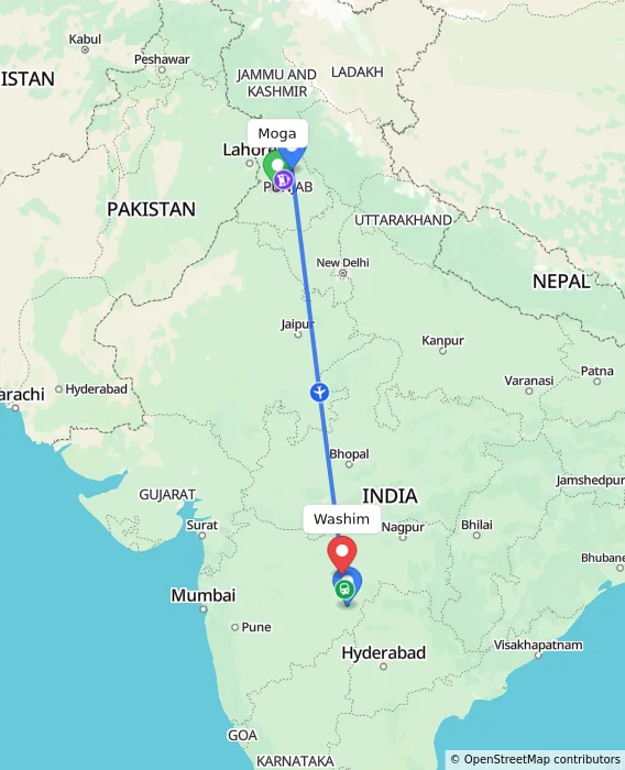 Route map showing distance and travel time from Moga, India to Washim, India