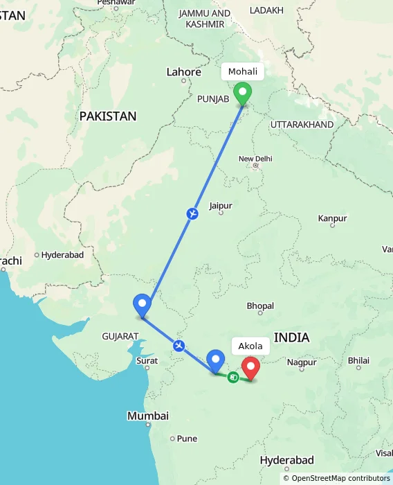 Route map showing distance and travel time from Mohali, India to Akola, India