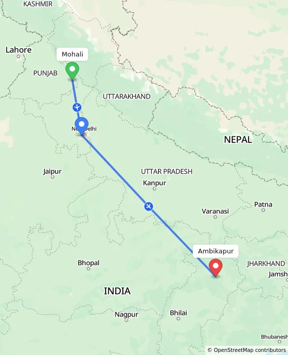 Route map showing distance and travel time from Mohali, India to Ambikapur, India