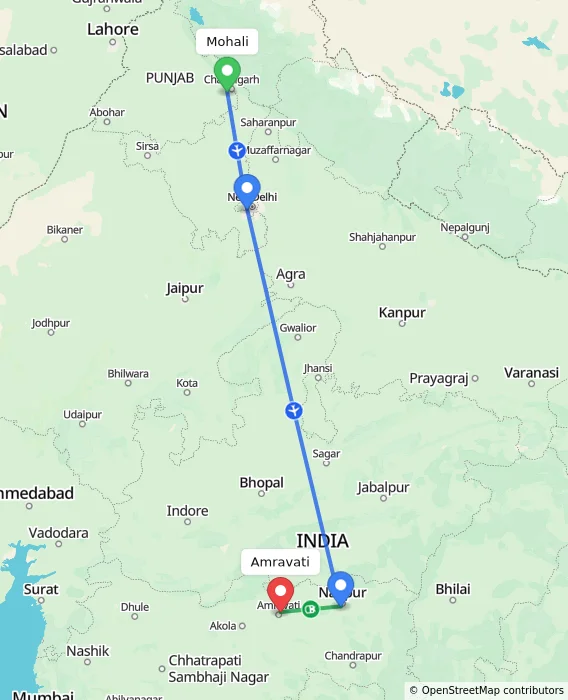 Route map showing distance and travel time from Mohali, India to Amravati, India