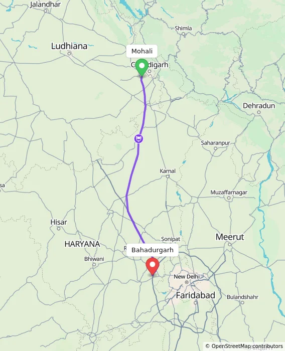 Route map showing distance and travel time from Mohali, India to Bahadurgarh, India