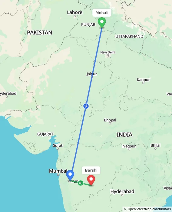 Route map showing distance and travel time from Mohali, India to Barshi, India