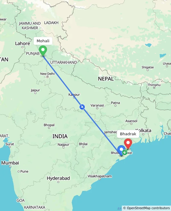 Route map showing distance and travel time from Mohali, India to Bhadrak, India