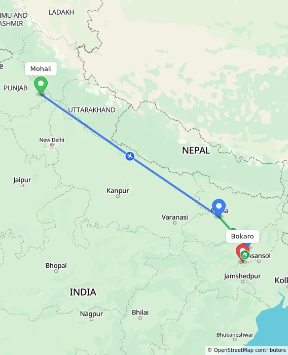Route map showing distance and travel time from Mohali, India to Bokaro, India