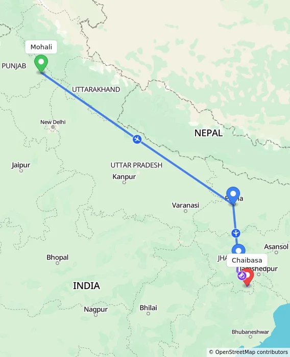 Route map showing distance and travel time from Mohali, India to Chaibasa, India