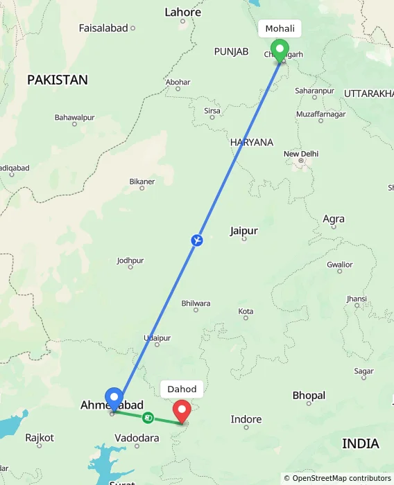 Route map showing distance and travel time from Mohali, India to Dahod, India