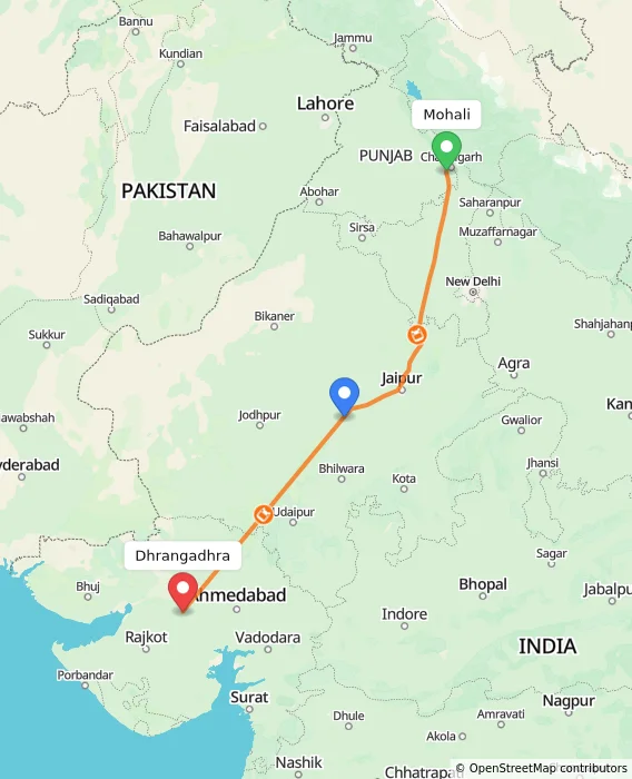 Route map showing distance and travel time from Mohali, India to Dhrangadhra, India