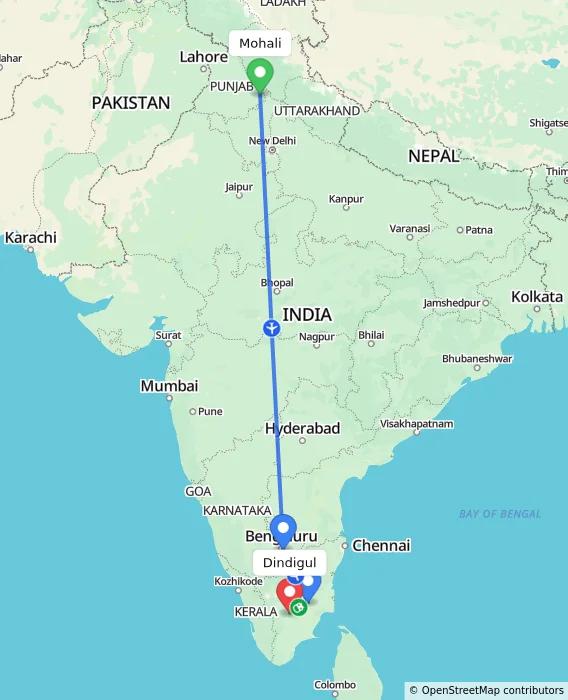 Route map showing distance and travel time from Mohali, India to Dindigul, India