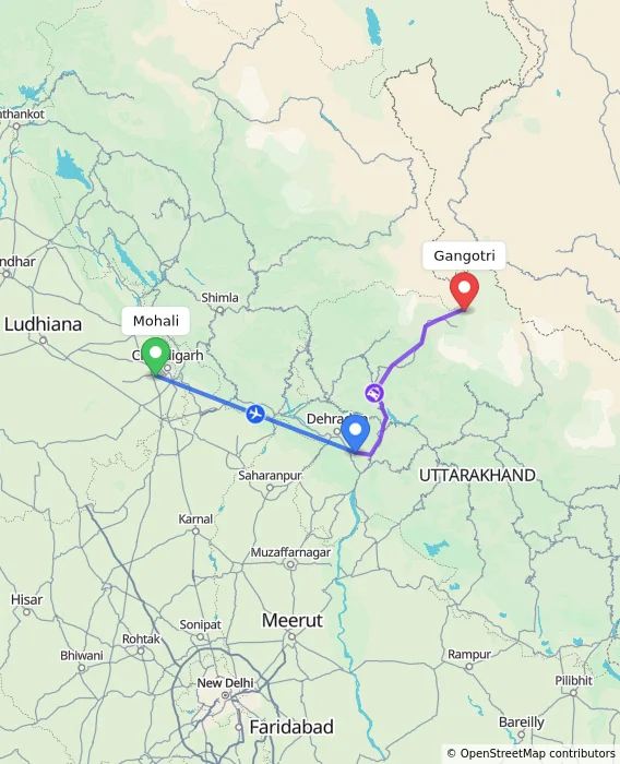 Route map showing distance and travel time from Mohali, India to Gangotri, India
