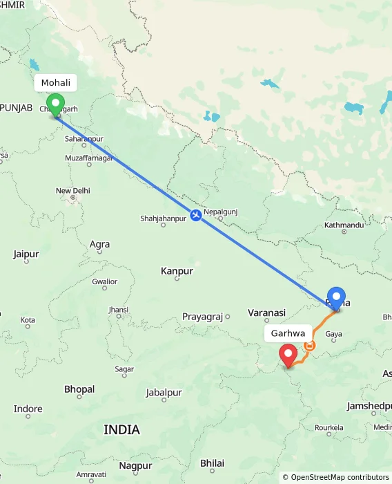 Route map showing distance and travel time from Mohali, India to Garhwa, India