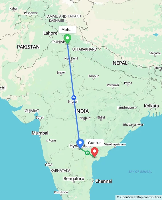 Route map showing distance and travel time from Mohali, India to Guntur, India