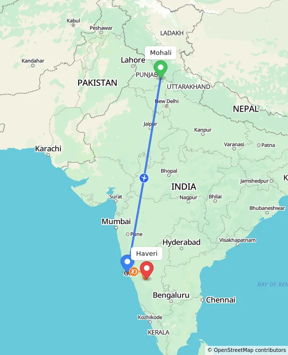 Route map showing distance and travel time from Mohali, India to Haveri, India