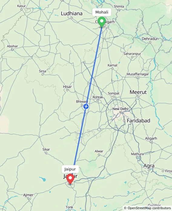 Route map showing distance and travel time from Mohali, India to Jaipur, India