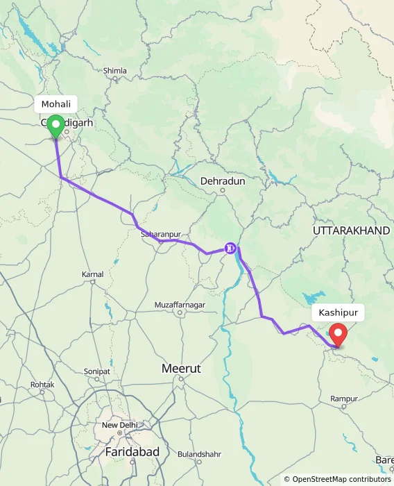 Route map showing distance and travel time from Mohali, India to Kashipur, India