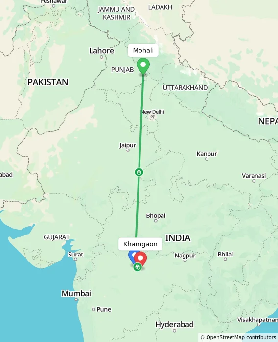 Route map showing distance and travel time from Mohali, India to Khamgaon, India