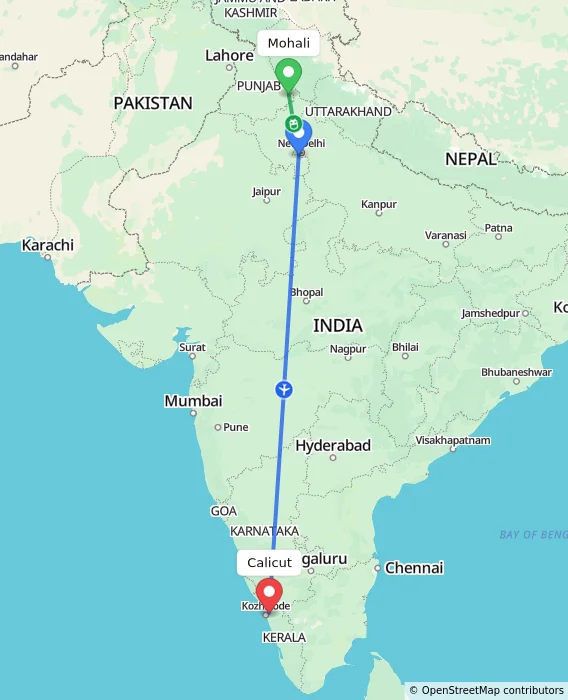 Route map showing distance and travel time from Mohali, India to Kozhikode, India