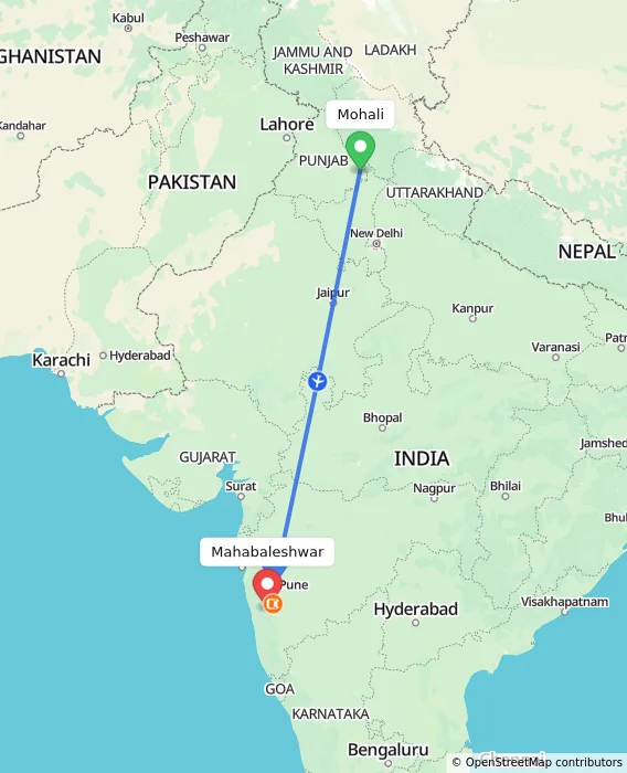 Route map showing distance and travel time from Mohali, India to Mahabaleshwar, India