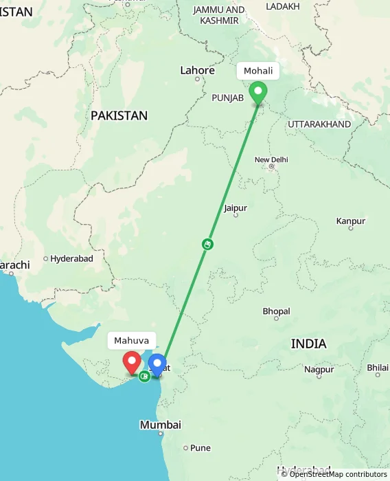 Route map showing distance and travel time from Mohali, India to Mahuva, India