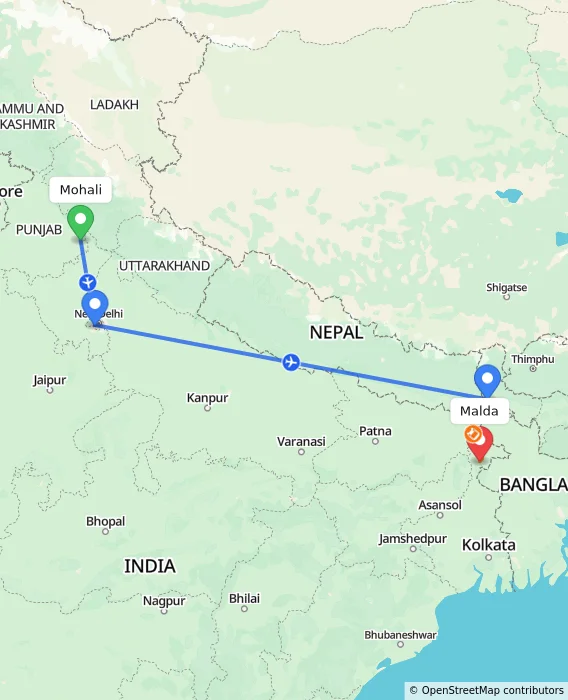 Route map showing distance and travel time from Mohali, India to Malda, India