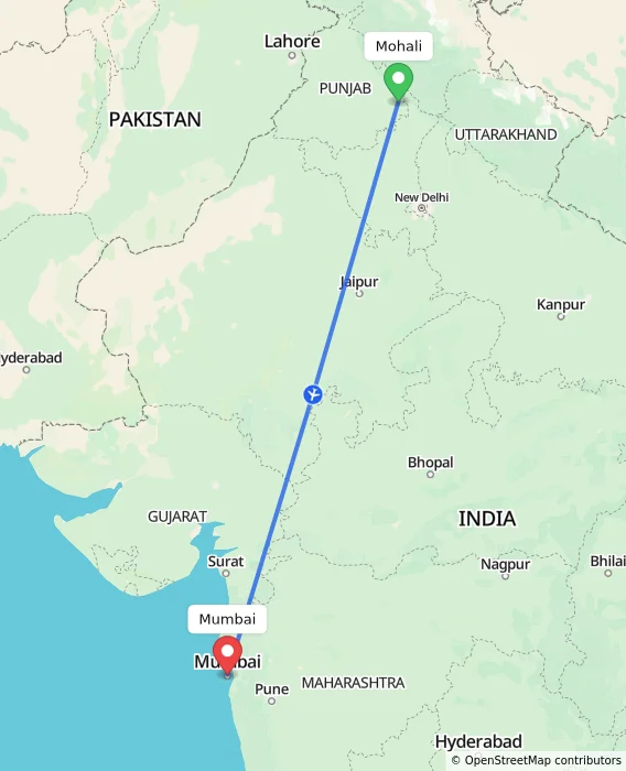 Route map showing distance and travel time from Mohali, India to Mumbai, India