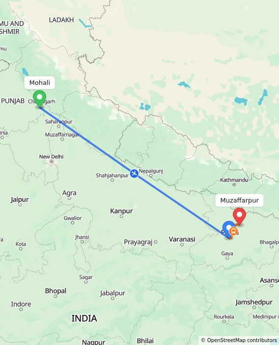 Route map showing distance and travel time from Mohali, India to Muzaffarpur, India
