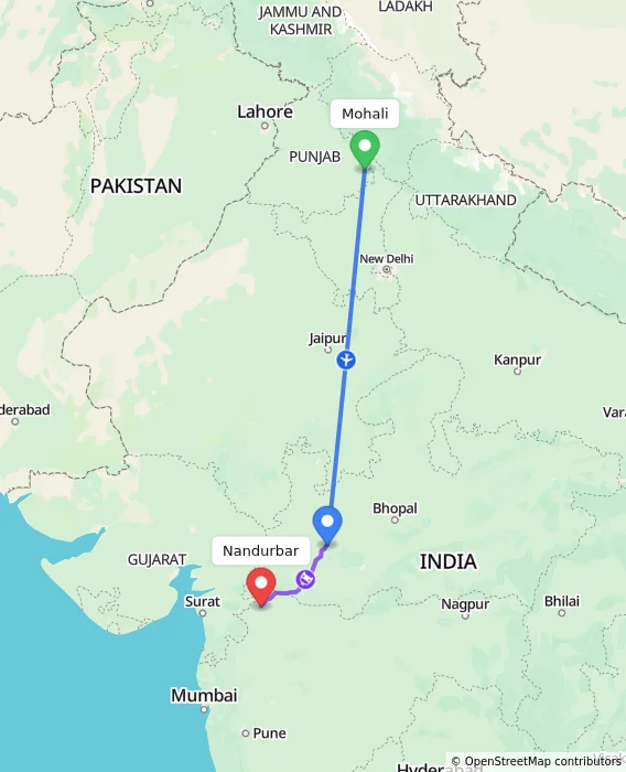 Route map showing distance and travel time from Mohali, India to Nandurbar, India