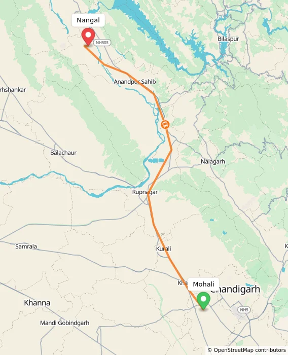 Route map showing distance and travel time from Mohali, India to Nangal, India