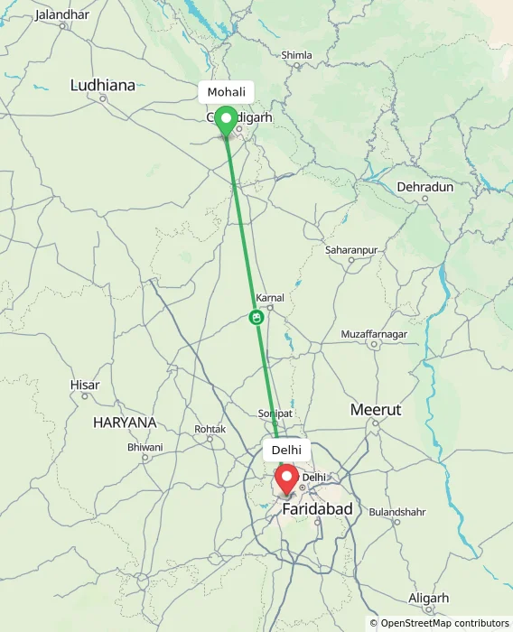 Route map showing distance and travel time from Mohali, India to Delhi, India