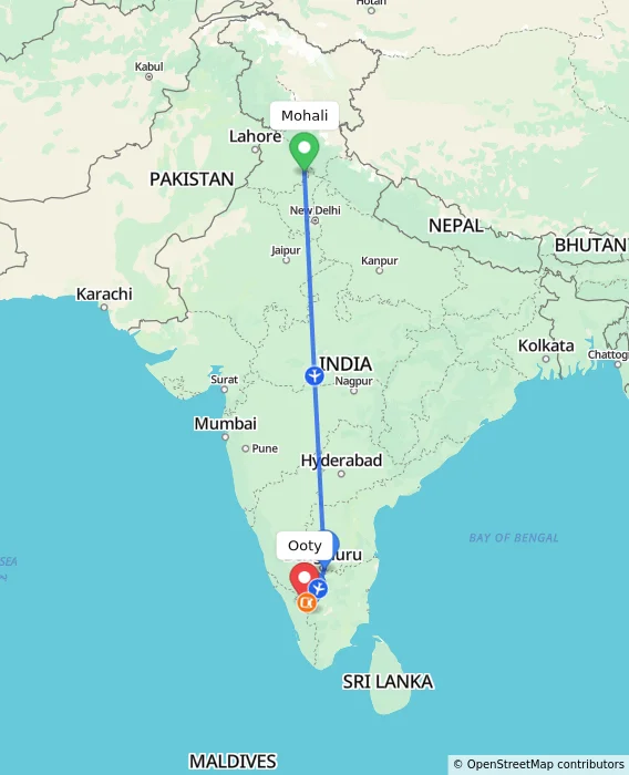 Route map showing distance and travel time from Mohali, India to Ooty, India