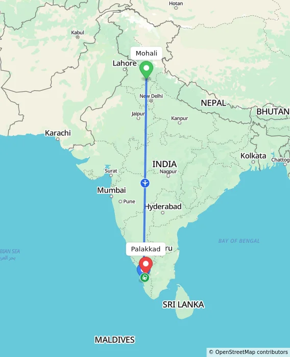 Route map showing distance and travel time from Mohali, India to Palakkad, India