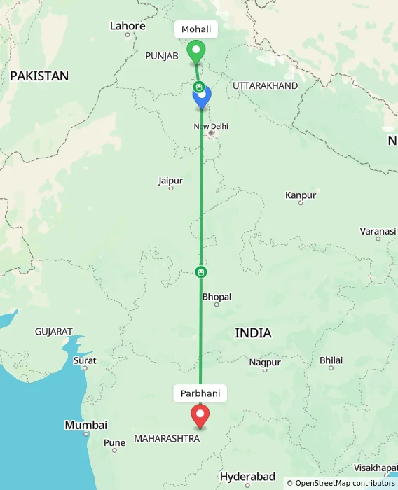 Route map showing distance and travel time from Mohali, India to Parbhani, India