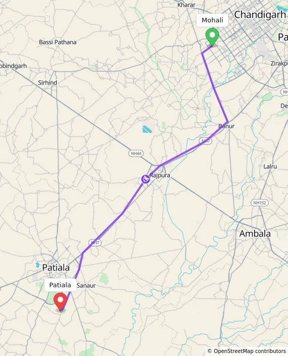 Route map showing distance and travel time from Mohali, India to Patiala, India