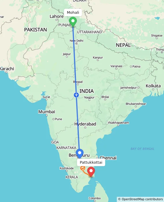 Route map showing distance and travel time from Mohali, India to Pattukkottai, India