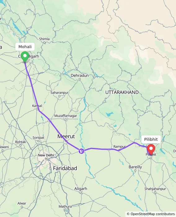 Route map showing distance and travel time from Mohali, India to Pilibhit, India