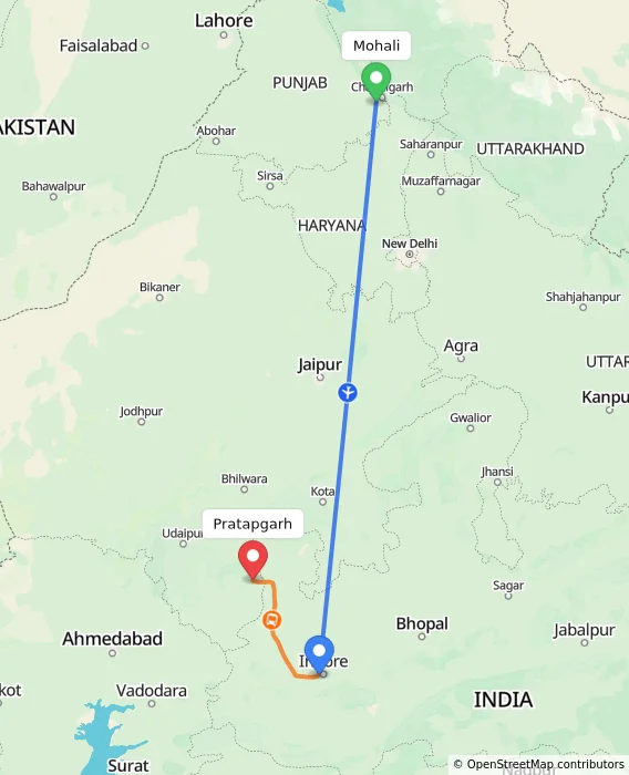 Route map showing distance and travel time from Mohali, India to Pratapgarh, India