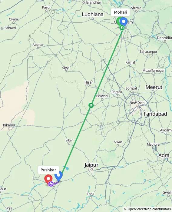 Route map showing distance and travel time from Mohali, India to Pushkar, India